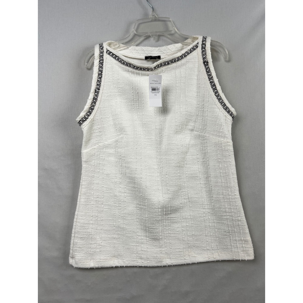 Ann Taylor Tank Top Women XS White Textured Tweed Braided Trim Shell